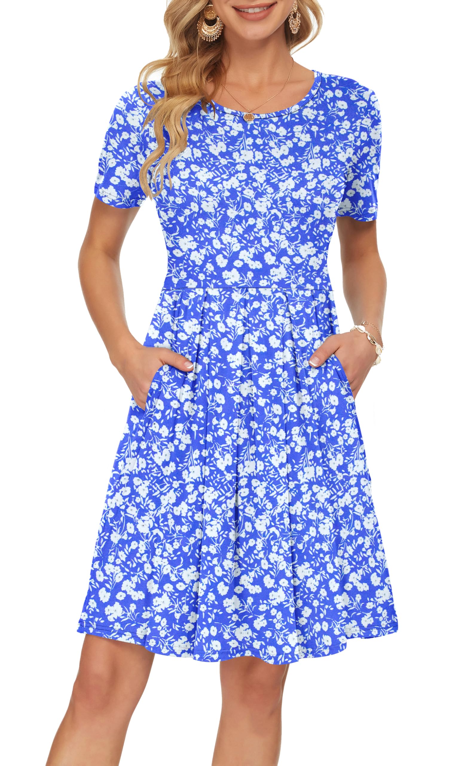 Sylphine Dress for Women – Short Sleeves, Loose Pleated Cut & Pockets, Knee-Length