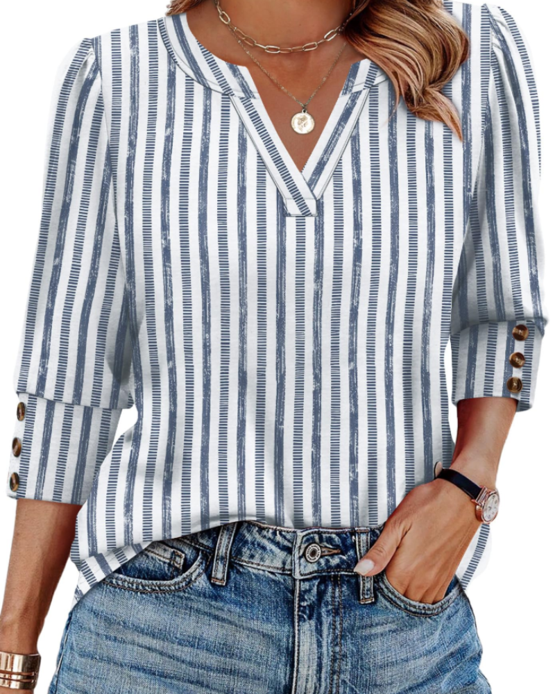 Zeline Blouse for Women – V-Neck Top with 3/4 Sleeves & Buttons, Business Casual Style
