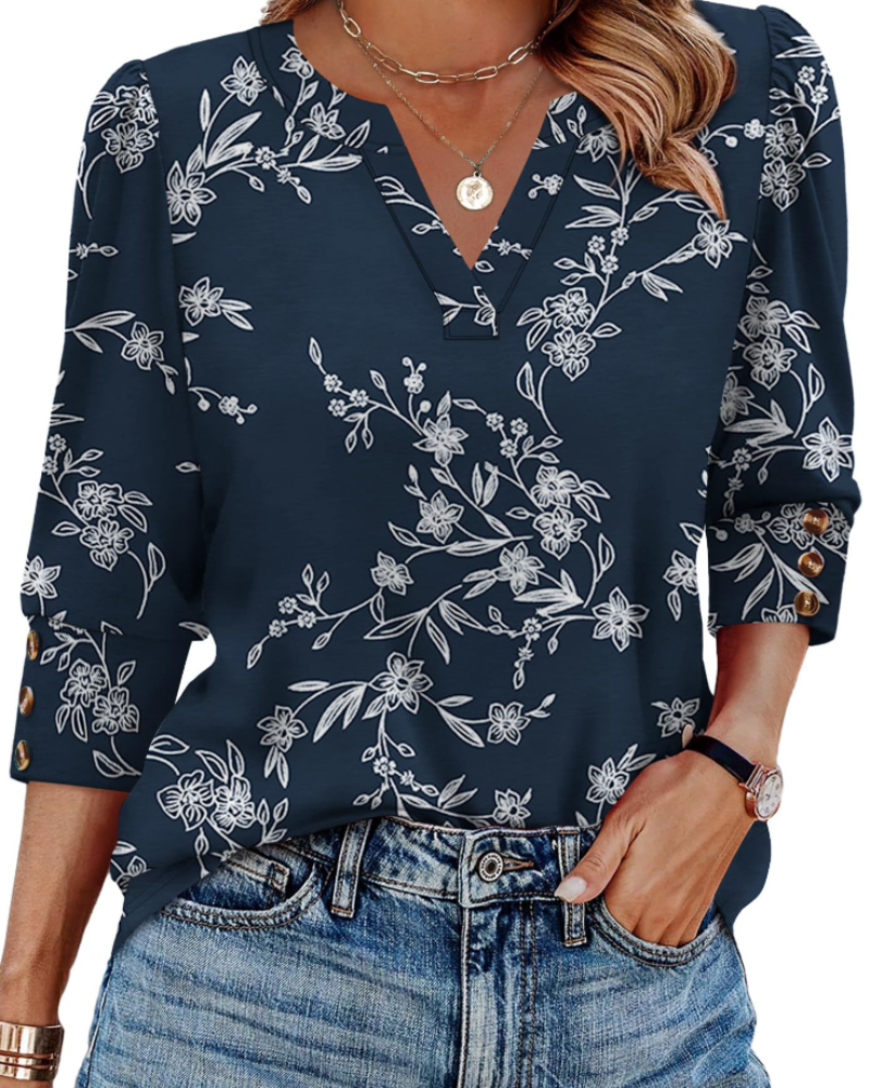 Zeline Blouse for Women – V-Neck Top with 3/4 Sleeves & Buttons, Business Casual Style