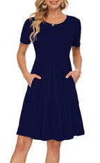 Sylphine Dress for Women – Short Sleeves, Loose Pleated Cut & Pockets, Knee-Length