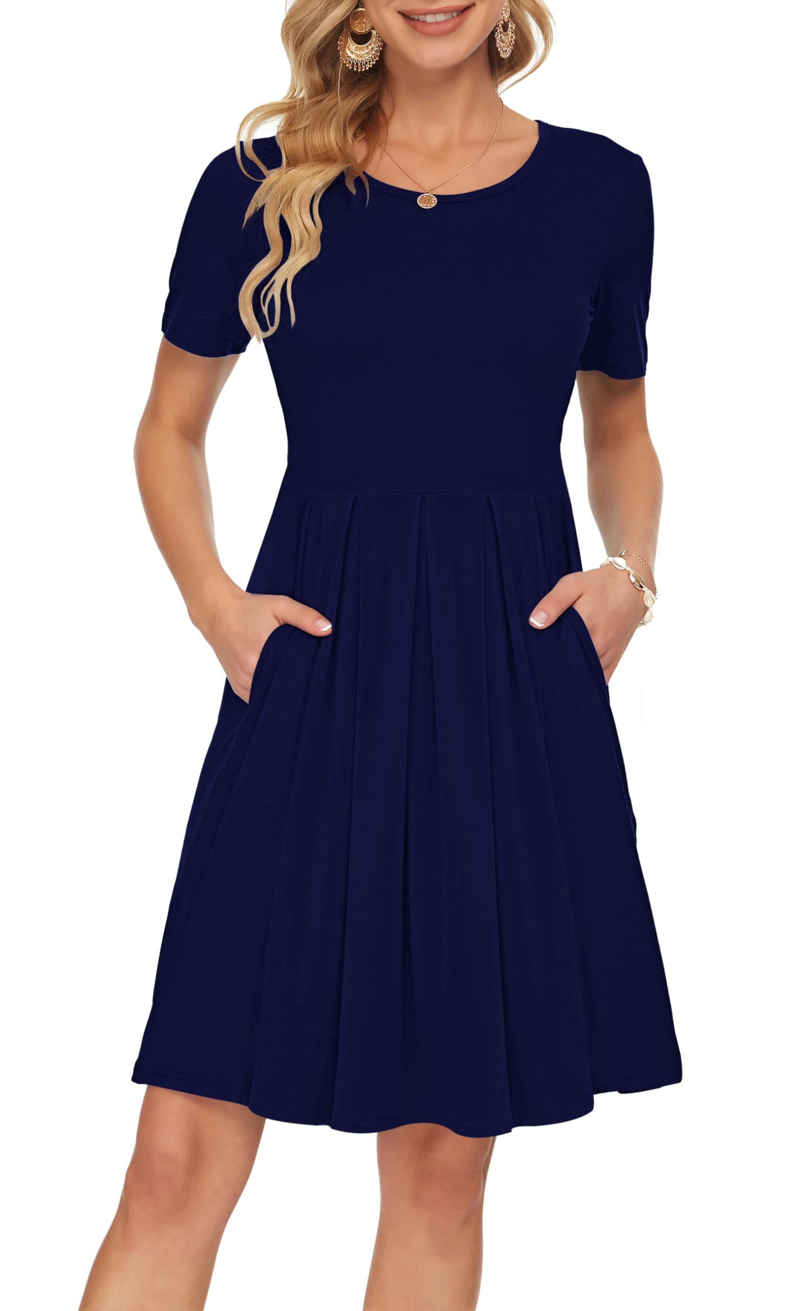 Sylphine Dress for Women – Short Sleeves, Loose Pleated Cut & Pockets, Knee-Length