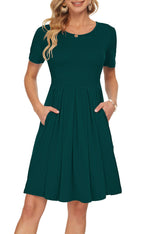 Sylphine Dress for Women – Short Sleeves, Loose Pleated Cut & Pockets, Knee-Length