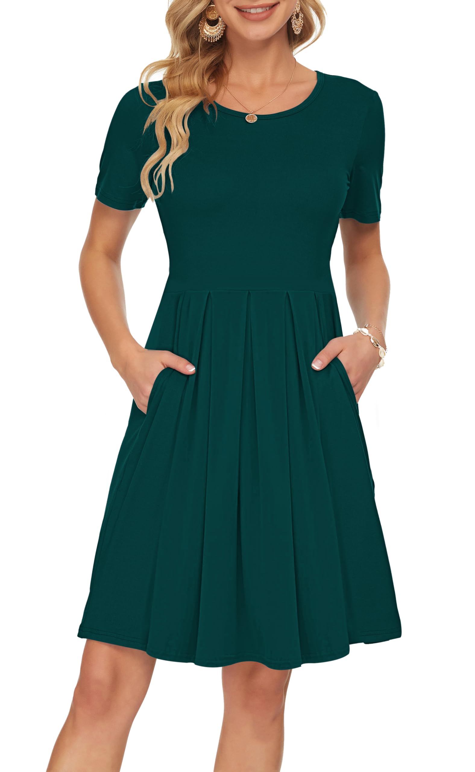 Sylphine Dress for Women – Short Sleeves, Loose Pleated Cut & Pockets, Knee-Length