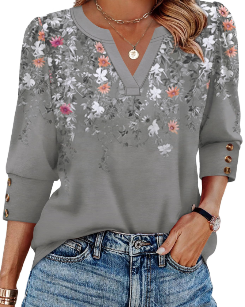 Zeline Blouse for Women – V-Neck Top with 3/4 Sleeves & Buttons, Business Casual Style
