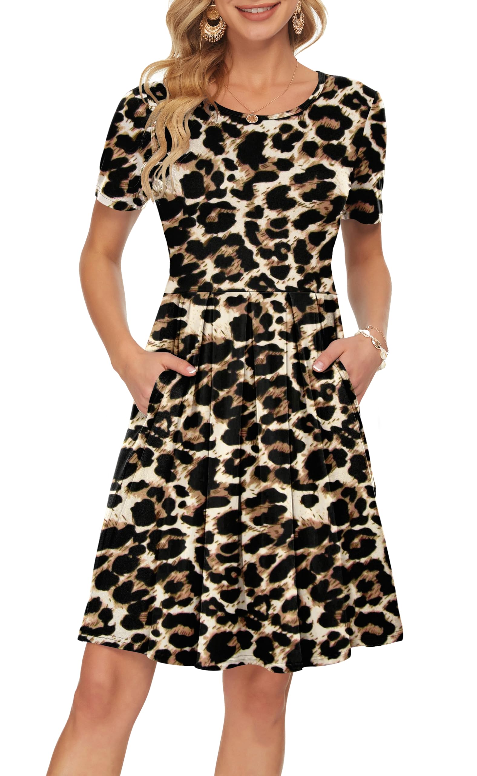 Sylphine Dress for Women – Short Sleeves, Loose Pleated Cut & Pockets, Knee-Length