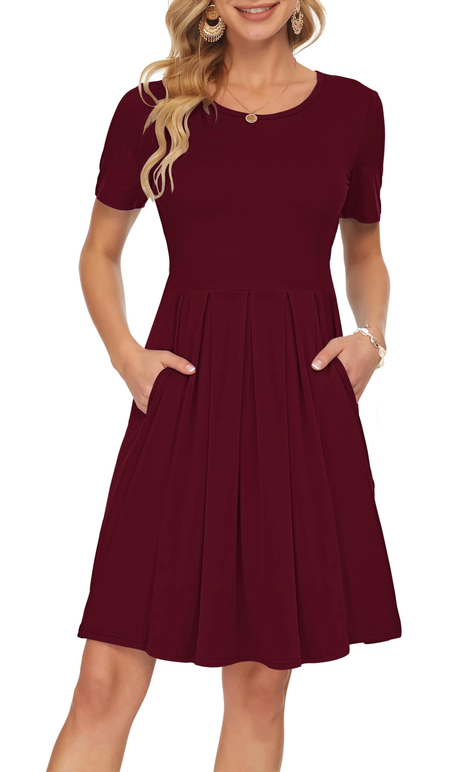 Sylphine Dress for Women – Short Sleeves, Loose Pleated Cut & Pockets, Knee-Length