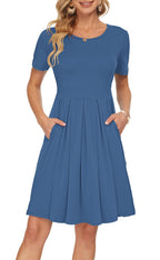 Sylphine Dress for Women – Short Sleeves, Loose Pleated Cut & Pockets, Knee-Length