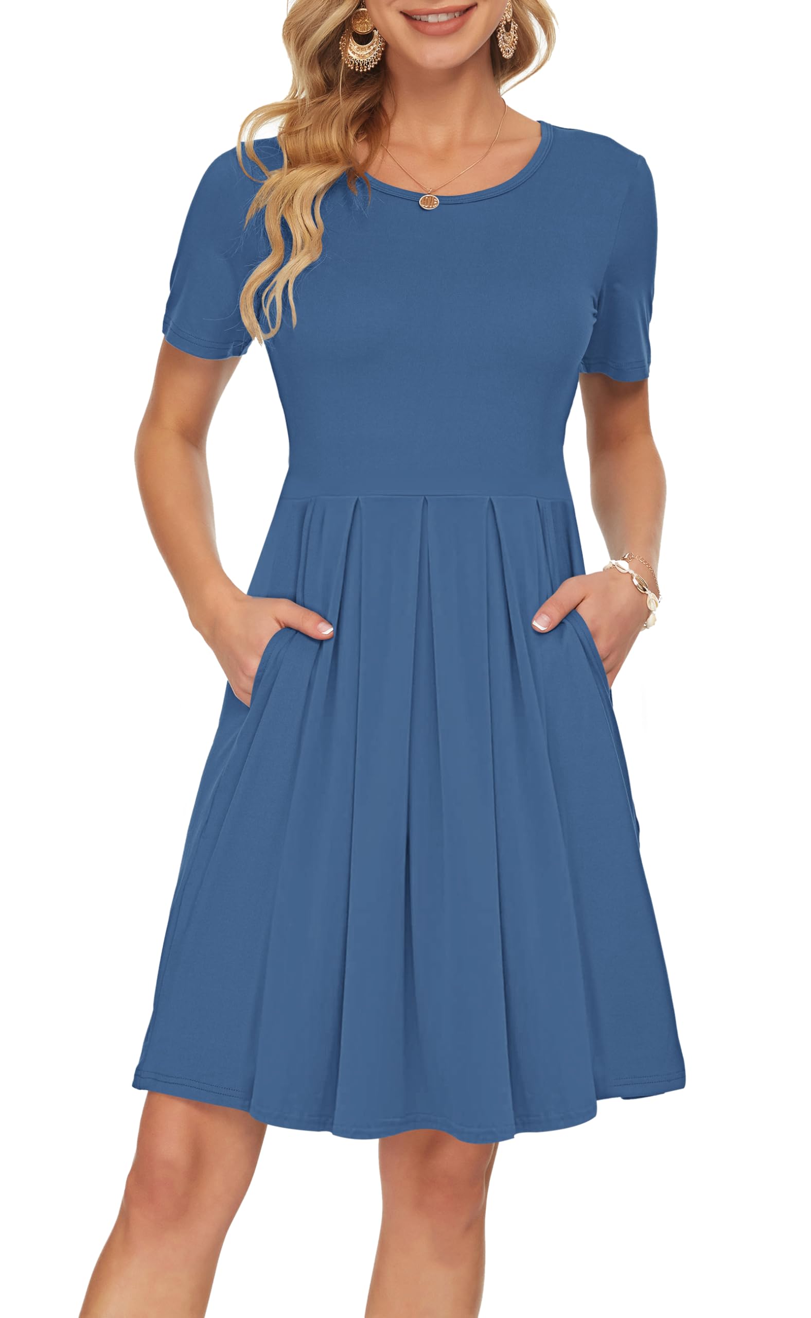 Sylphine Dress for Women – Short Sleeves, Loose Pleated Cut & Pockets, Knee-Length