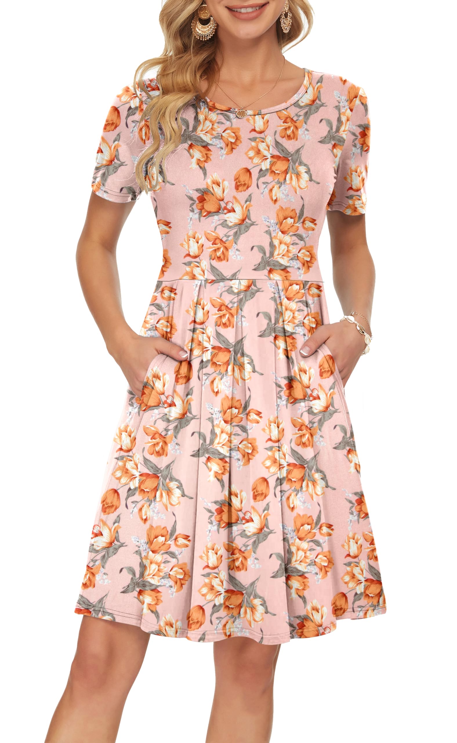 Sylphine Dress for Women – Short Sleeves, Loose Pleated Cut & Pockets, Knee-Length