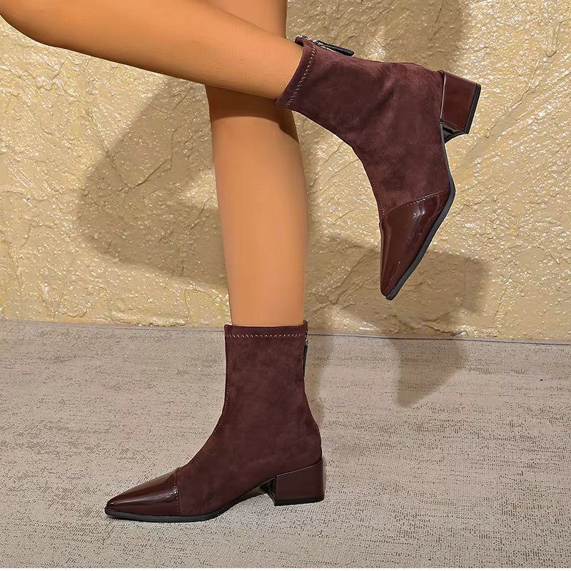 Gracia Ankle Boots for Women – Elegant Suede Boots with Patent Details & Comfortable Block Heel