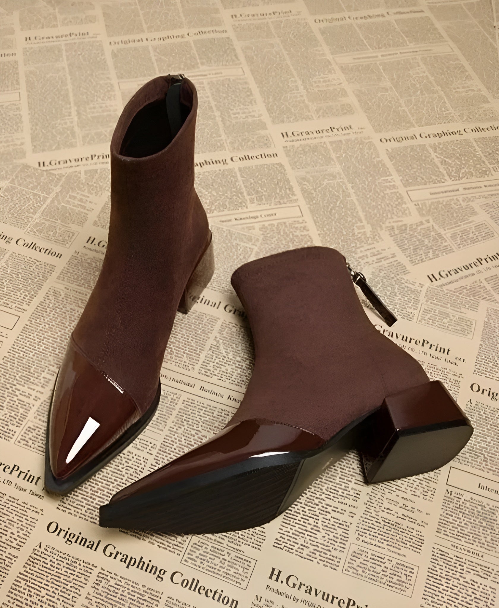Gracia Ankle Boots for Women – Elegant Suede Boots with Patent Details & Comfortable Block Heel