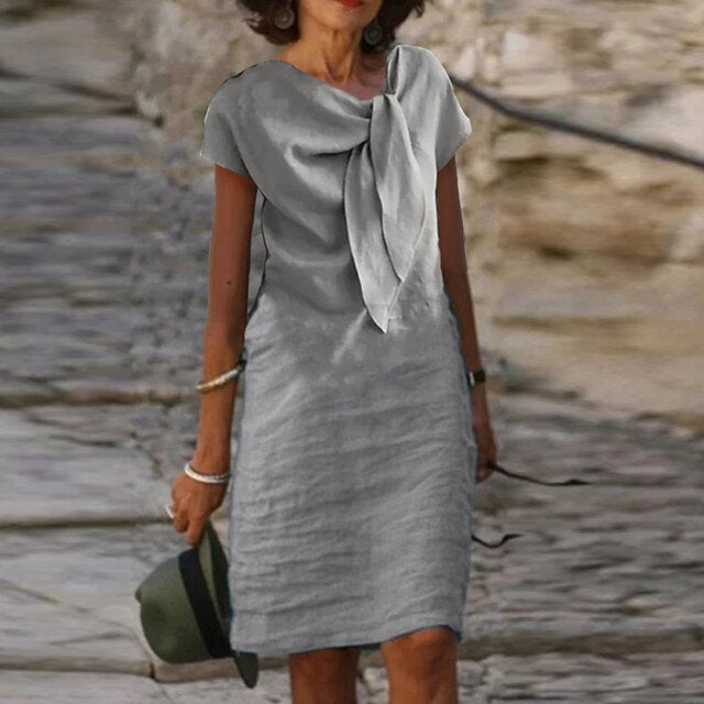 Ava Linen Dress for Women – Decorative Bow, Chic Casual Style & Natural Lightness