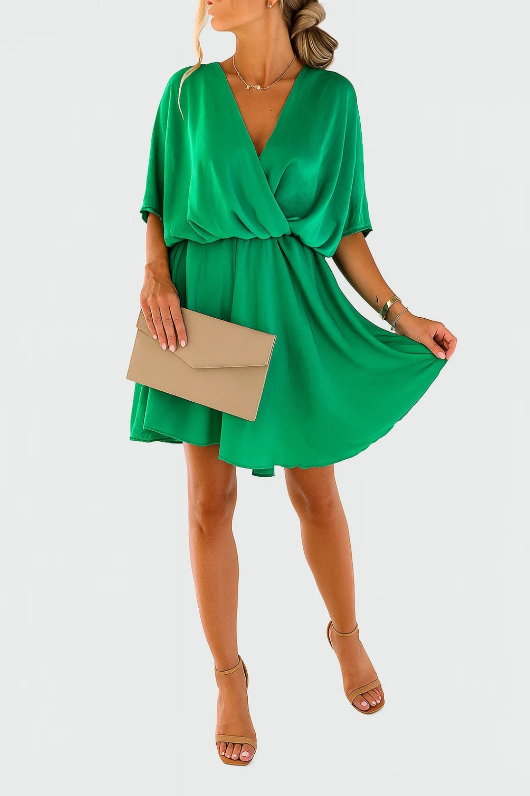 Aleena Short Chiffon Dress – Elegant V-Neck Dress with Bow and Light Design