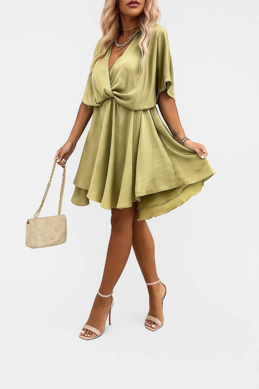 Aleena Short Chiffon Dress – Elegant V-Neck Dress with Bow and Light Design