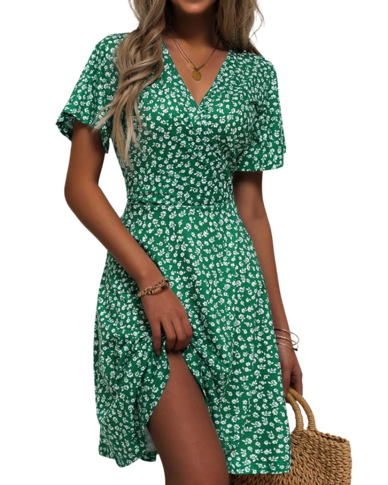 Mella Dress for Women – Floral Wrap Dress, V-Neck, A-Line Cut & Ruffles