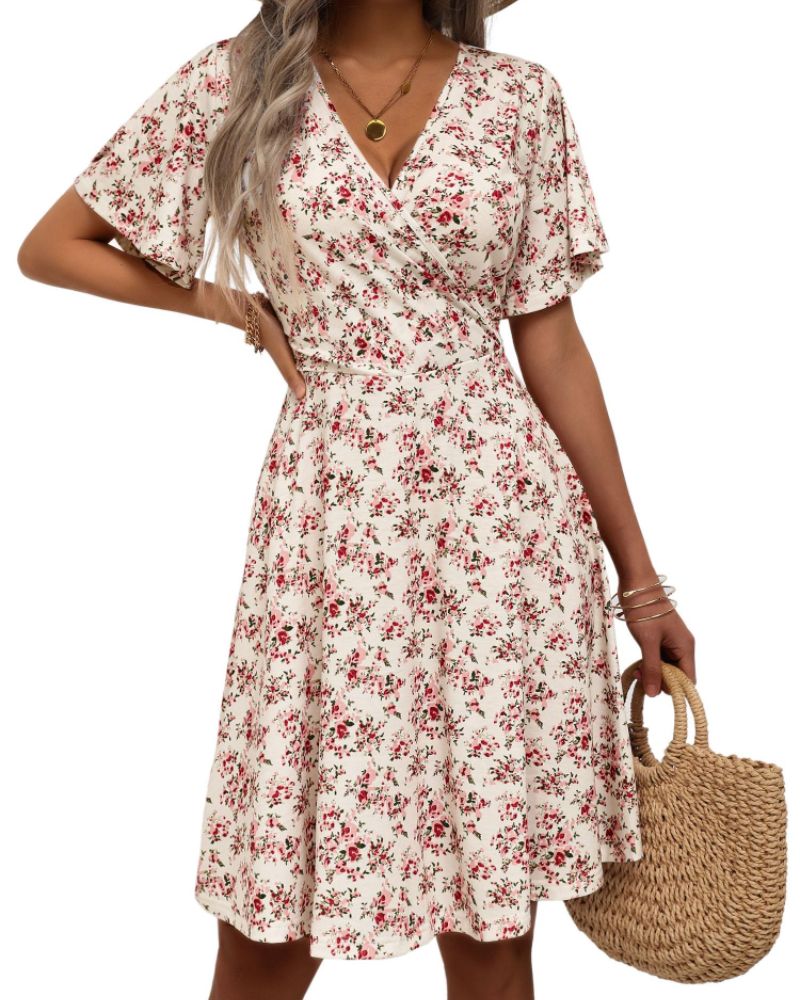 Mella Dress for Women – Floral Wrap Dress, V-Neck, A-Line Cut & Ruffles
