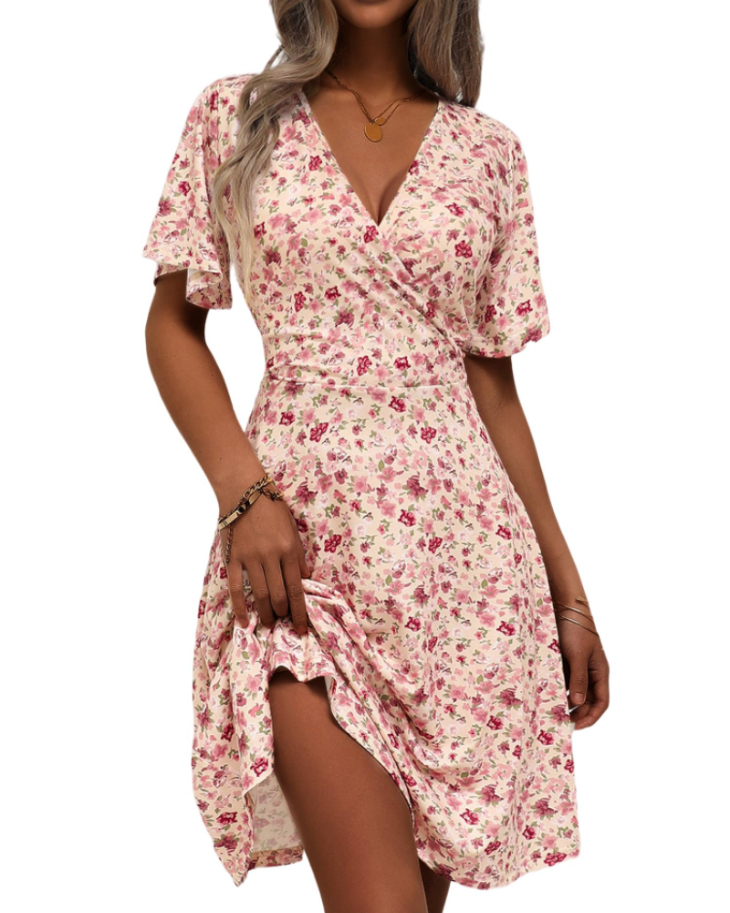 Mella Dress for Women – Floral Wrap Dress, V-Neck, A-Line Cut & Ruffles