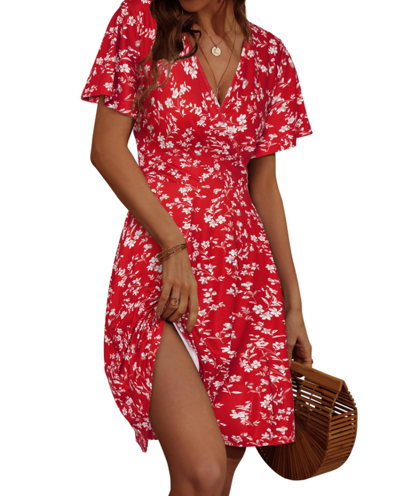 Mella Dress for Women – Floral Wrap Dress, V-Neck, A-Line Cut & Ruffles