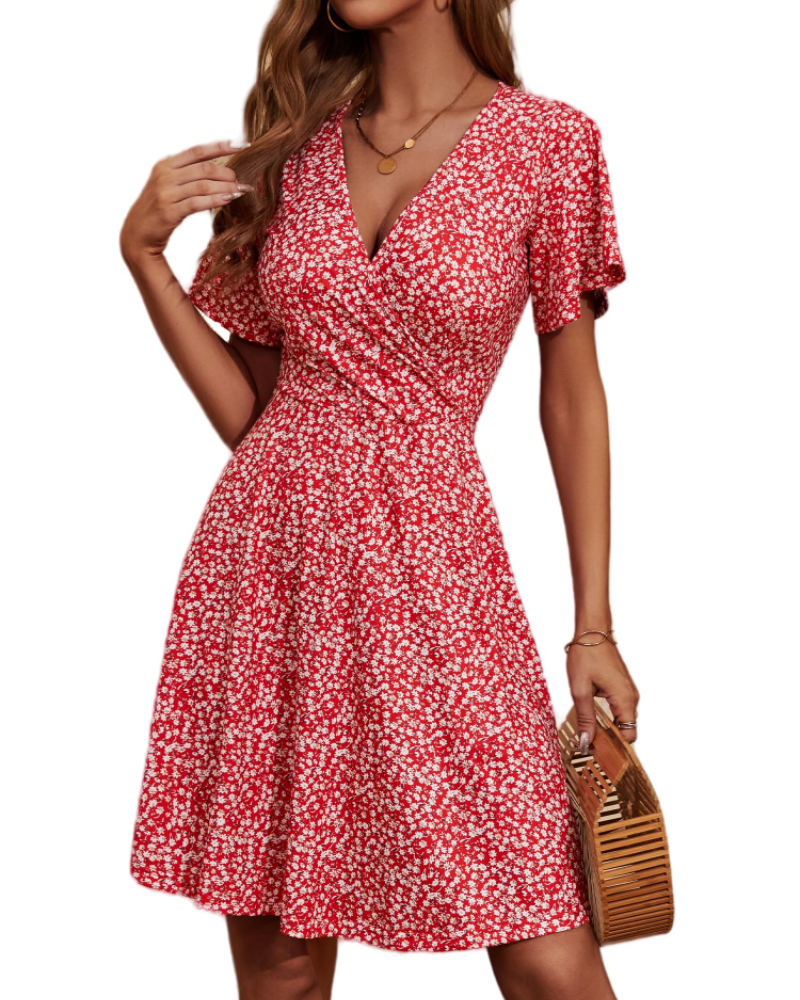 Mella Dress for Women – Floral Wrap Dress, V-Neck, A-Line Cut & Ruffles