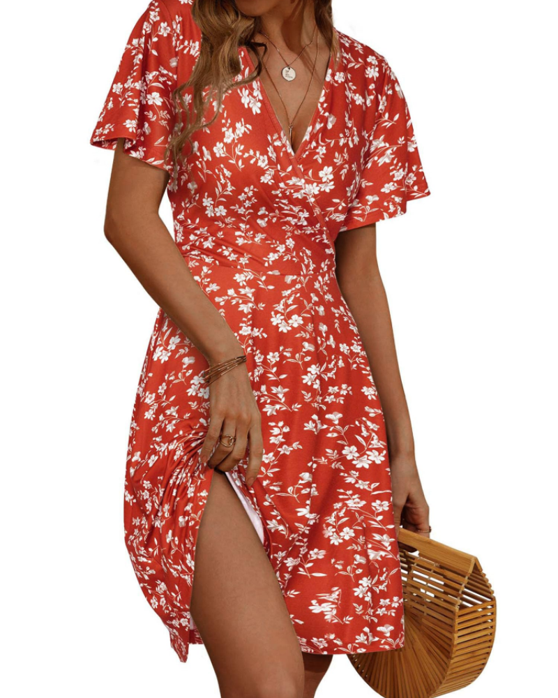 Mella Dress for Women – Floral Wrap Dress, V-Neck, A-Line Cut & Ruffles