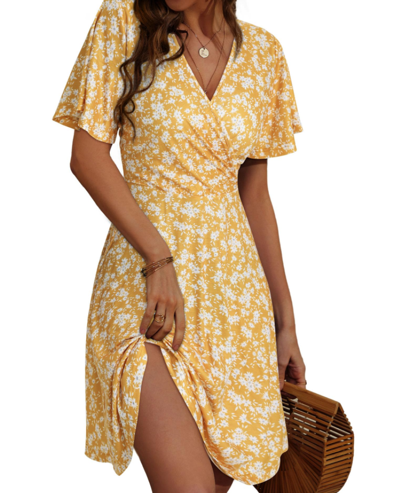 Mella Dress for Women – Floral Wrap Dress, V-Neck, A-Line Cut & Ruffles
