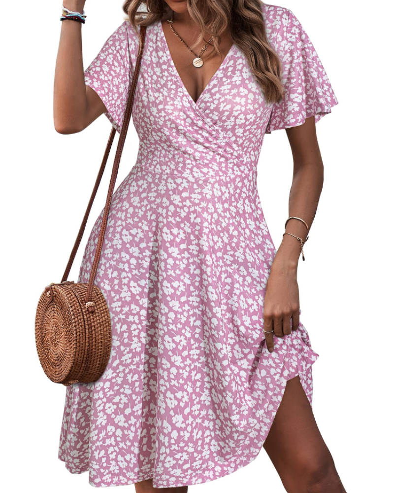 Mella Dress for Women – Floral Wrap Dress, V-Neck, A-Line Cut & Ruffles
