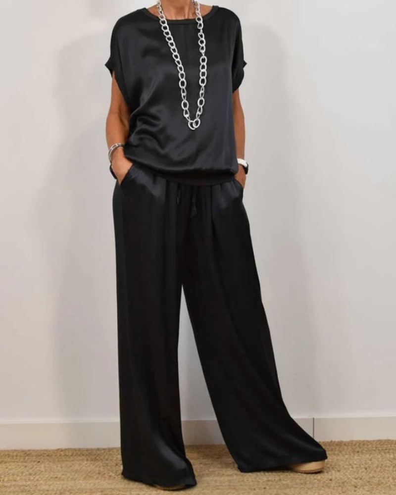 Portia Satin Set for Women – 2-Piece Set with Wide-Leg Pants & Flowy Elegant Top
