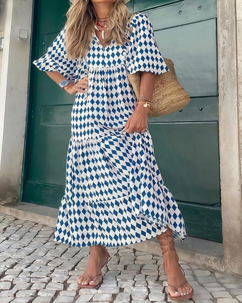 Rina Boho Dress for Women – Floral Print, V-Neck & Flowy Puff Sleeves, Summer