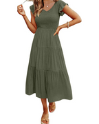 Skye Midi Dress for Women – Smocked V-Neck, Flutter Sleeves & Pockets