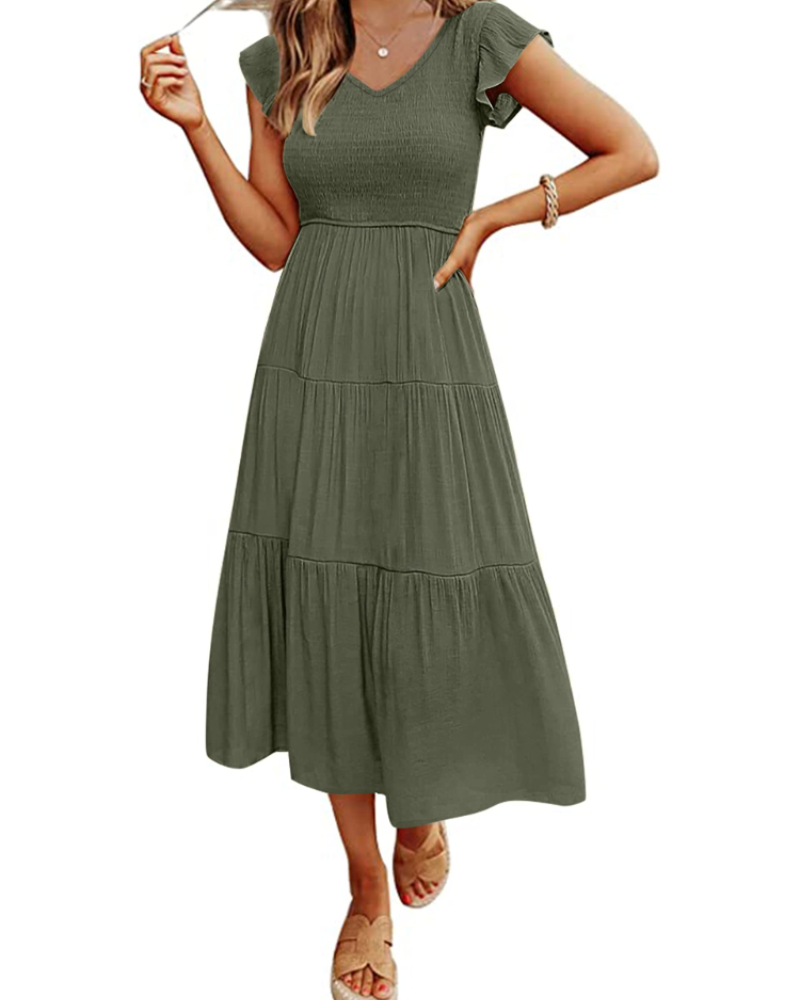 Skye Midi Dress for Women – Smocked V-Neck, Flutter Sleeves & Pockets