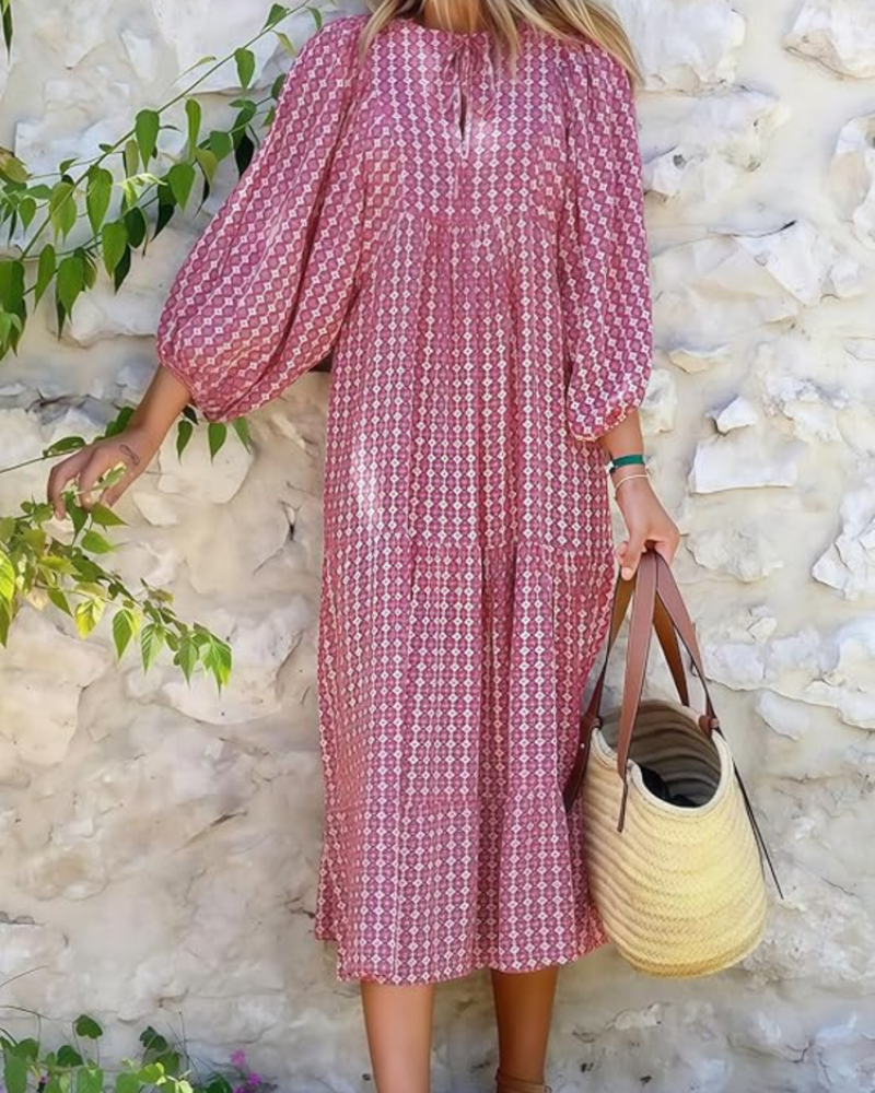 Rina Boho Dress for Women – Floral Print, V-Neck & Flowy Puff Sleeves, Summer