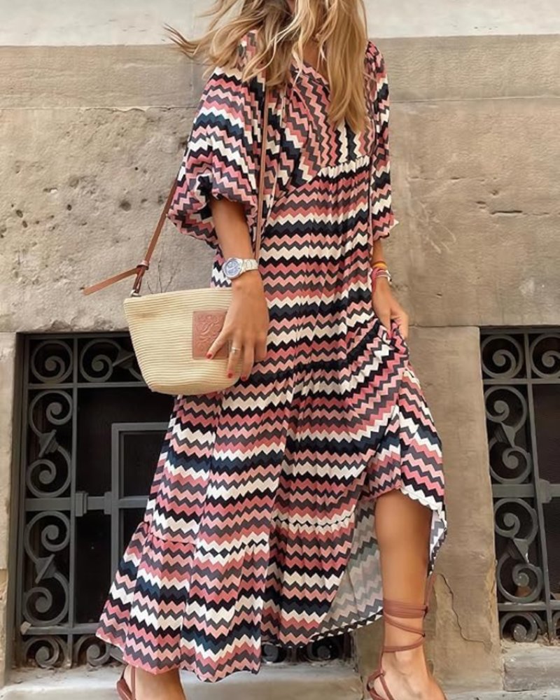 Rina Boho Dress for Women – Floral Print, V-Neck & Flowy Puff Sleeves, Summer