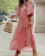 Rina Boho Dress for Women – Floral Print, V-Neck & Flowy Puff Sleeves, Summer