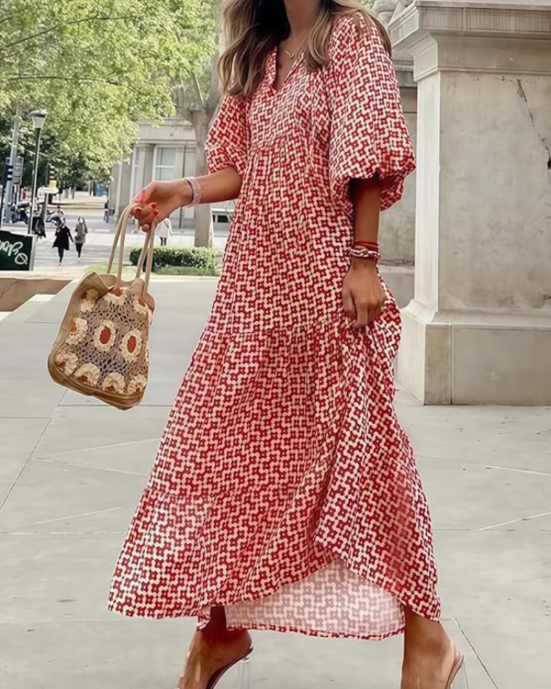 Rina Boho Dress for Women – Floral Print, V-Neck & Flowy Puff Sleeves, Summer