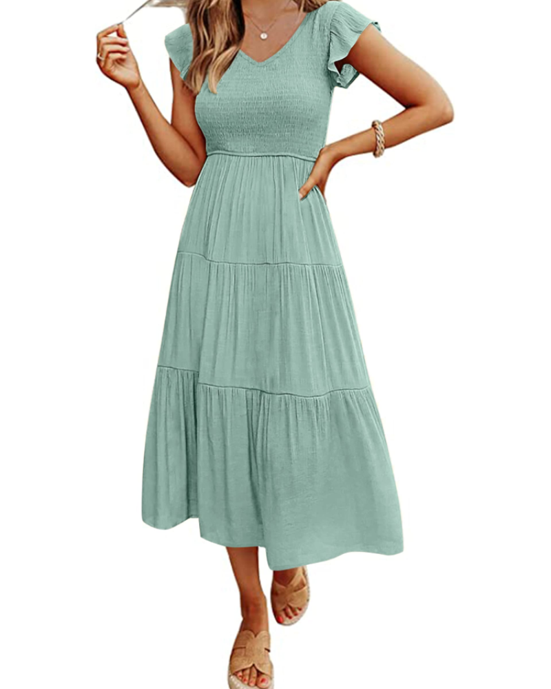 Skye Midi Dress for Women – Smocked V-Neck, Flutter Sleeves & Pockets