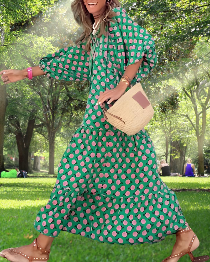 Rina Boho Dress for Women – Floral Print, V-Neck & Flowy Puff Sleeves, Summer
