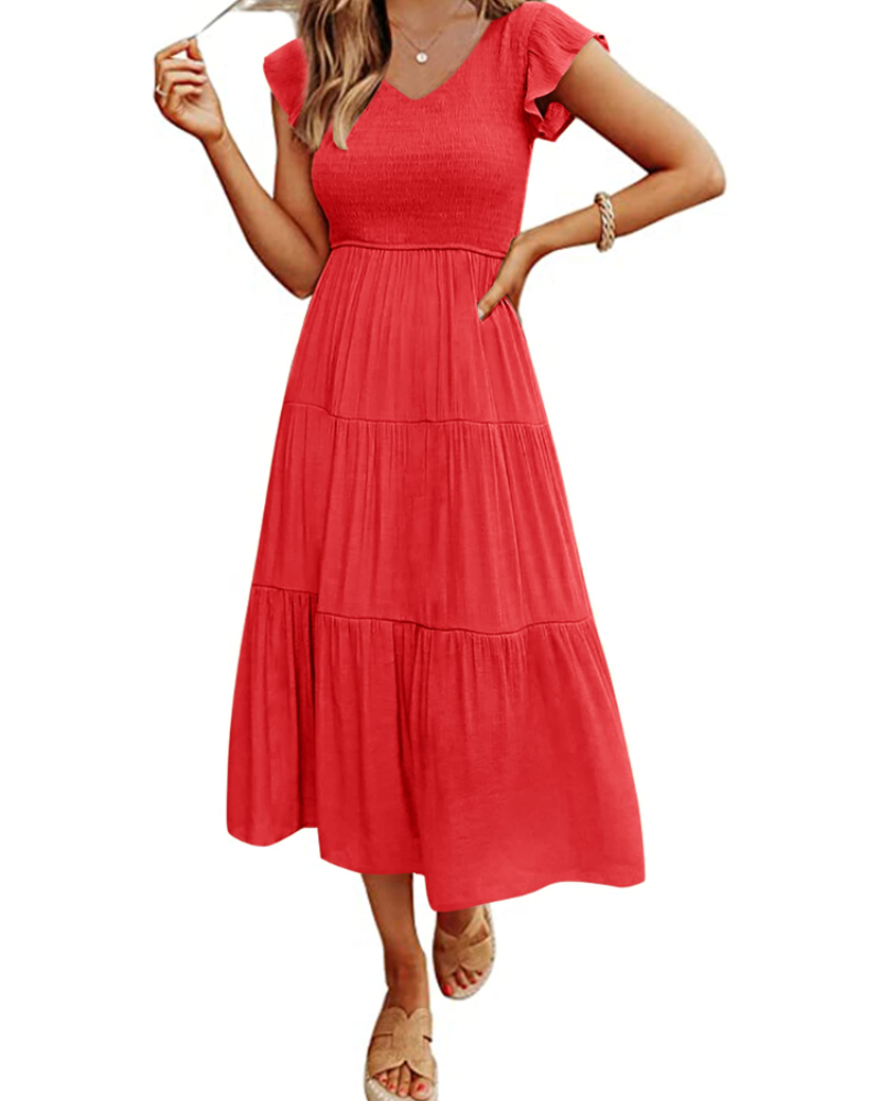 Skye Midi Dress for Women – Smocked V-Neck, Flutter Sleeves & Pockets