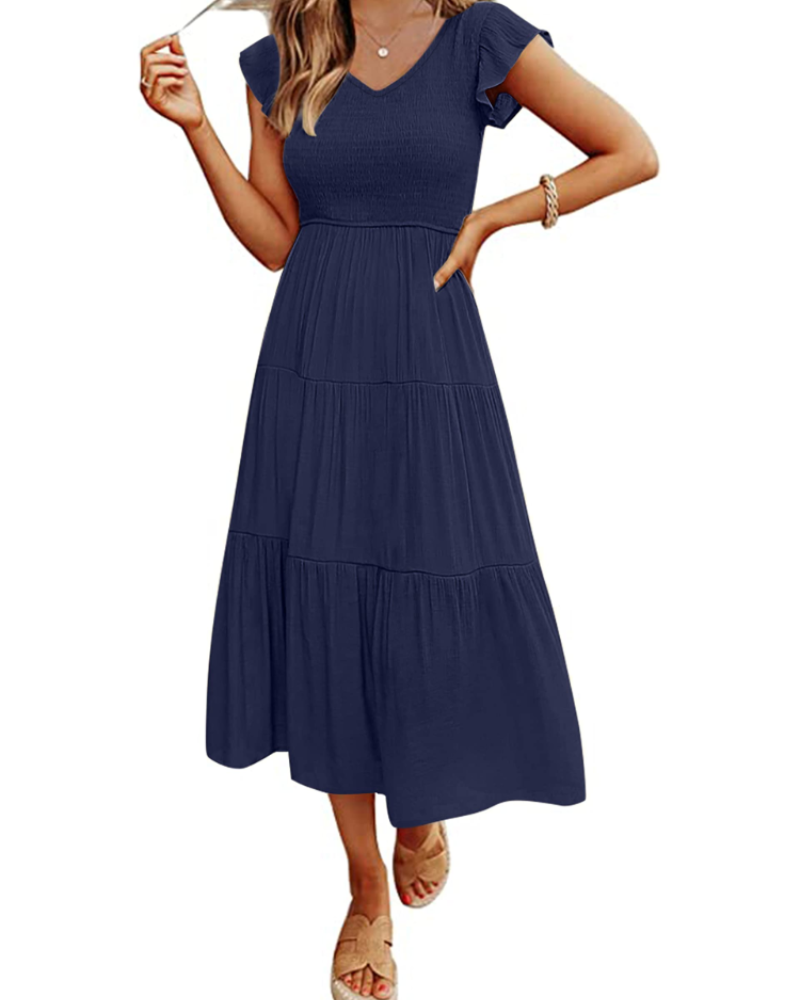 Skye Midi Dress for Women – Smocked V-Neck, Flutter Sleeves & Pockets