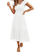 Skye Midi Dress for Women – Smocked V-Neck, Flutter Sleeves & Pockets