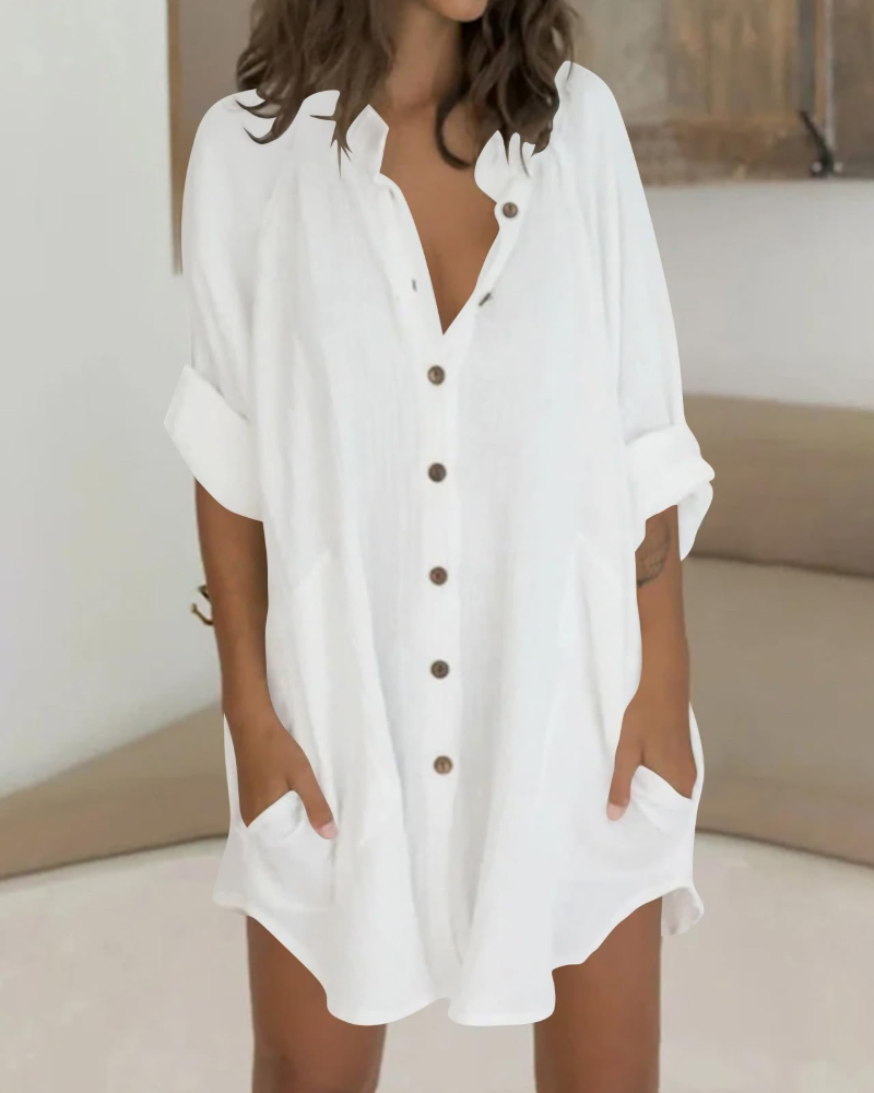 Vanessa Summer Tunic for Women – Oversized Cotton Linen Shirt, 3/4 Sleeves