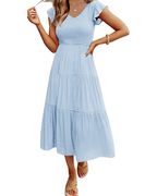 Skye Midi Dress for Women – Smocked V-Neck, Flutter Sleeves & Pockets