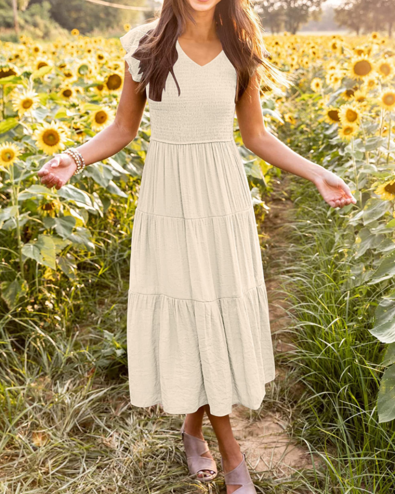 Skye Midi Dress for Women – Smocked V-Neck, Flutter Sleeves & Pockets