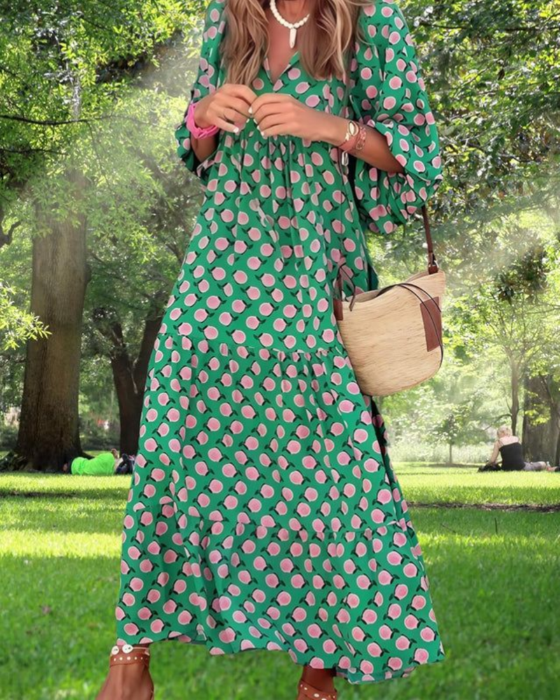 Rina Boho Dress for Women – Floral Print, V-Neck & Flowy Puff Sleeves, Summer
