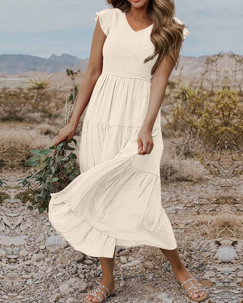 Skye Midi Dress for Women – Smocked V-Neck, Flutter Sleeves & Pockets