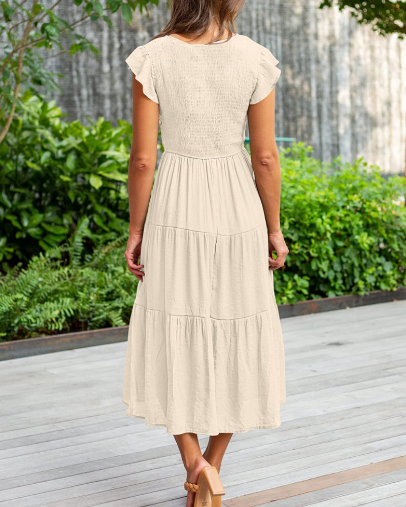 Skye Midi Dress for Women – Smocked V-Neck, Flutter Sleeves & Pockets