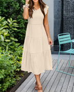 Skye Midi Dress for Women – Smocked V-Neck, Flutter Sleeves & Pockets