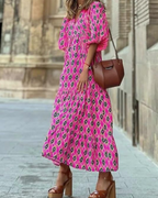 Rina Boho Dress for Women – Floral Print, V-Neck & Flowy Puff Sleeves, Summer