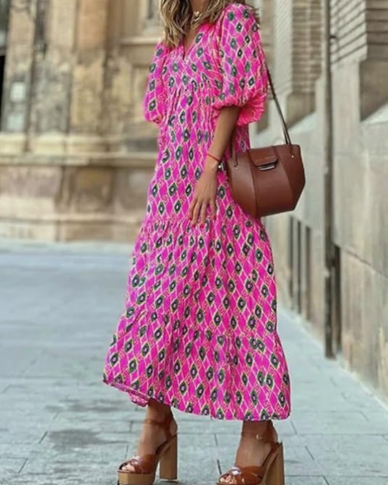 Rina Boho Dress for Women – Floral Print, V-Neck & Flowy Puff Sleeves, Summer