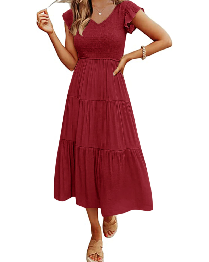 Skye Midi Dress for Women – Smocked V-Neck, Flutter Sleeves & Pockets