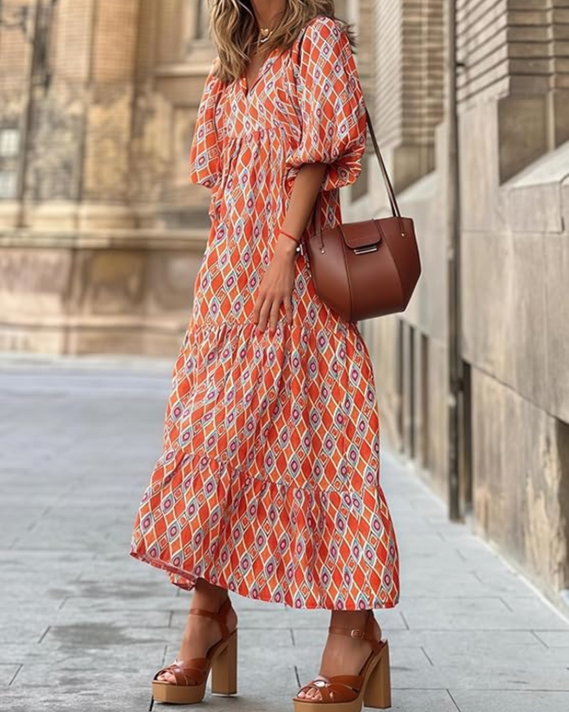 Rina Boho Dress for Women – Floral Print, V-Neck & Flowy Puff Sleeves, Summer